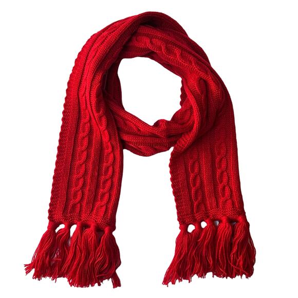 Aris Cable Knit Fringe Scarf Women’s One Size 70x8, Red - Picture 1 of 9